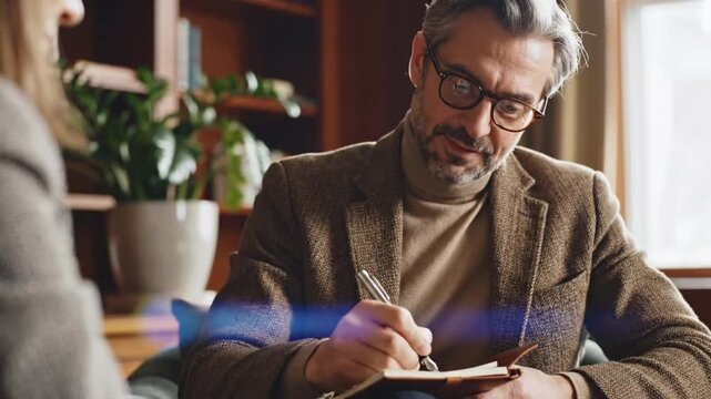 Psychologist meets with client to discuss thoughts and feelings in a cozy office setting