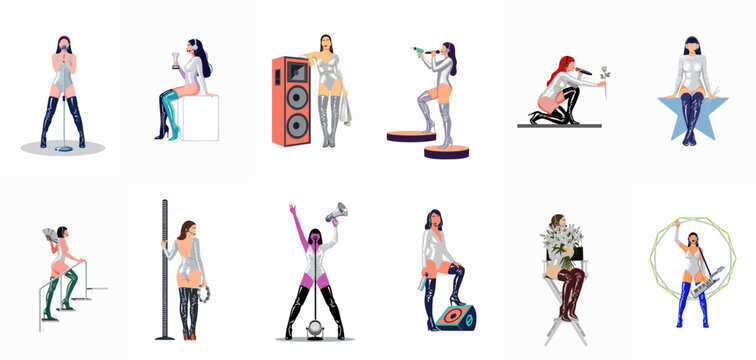 Set of female pop diva characters in silver outfits performing on stage with various musical props and microphones in a flat vector style.