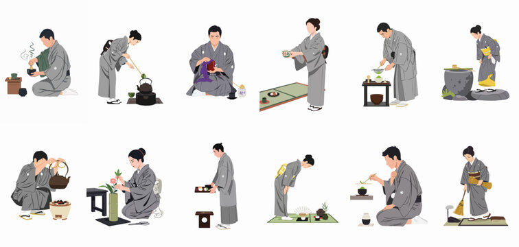 Vector illustrations of Japanese men and women in formal kimonos performing traditional tea ceremony rituals and related cultural practices.