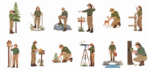 Comprehensive set of park ranger characters engaged in nature conservation, forest management, and educational activities in a wilderness setting. © ValentinaRestrepo
