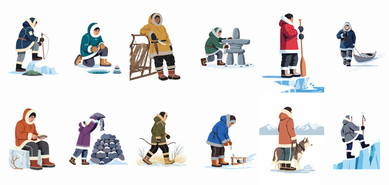 Collection of Inuit characters engaged in traditional Arctic activities like ice fishing, hunting, building inuksuk, and sledding, isolated on white background.