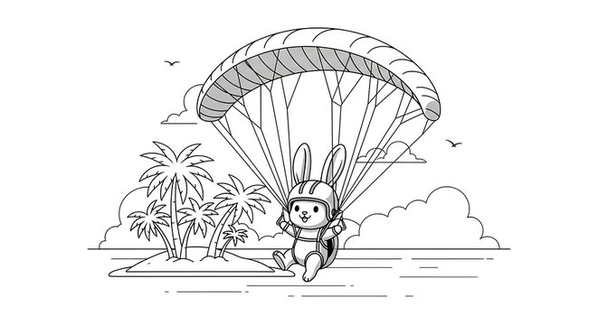 A cartoon rabbit wearing a helmet soars through the sky with a parachute above an island with palm trees