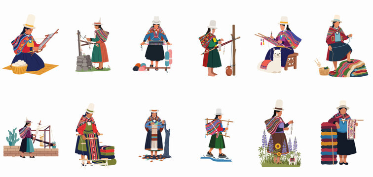 Illustrations of Peruvian Andean women in traditional dress engaged in various stages of weaving, spinning, and textile craft on a white background.
