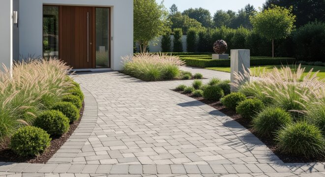 Interlocking Stone Paver Pathway Leading to a Modern House Exterior with Lush Landscaping