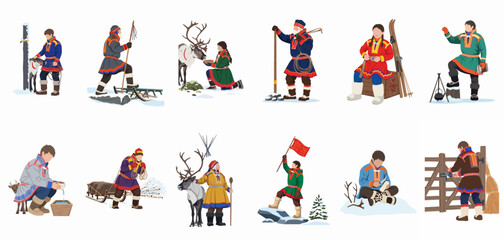 Flat illustration set of Sami people in traditional colorful clothing engaged in cultural activities, reindeer herding, and winter life in the Arctic. © ValentinaRestrepo
