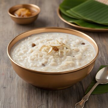 Kerala Palada Payasam, creamy rice dessert in golden bowl
