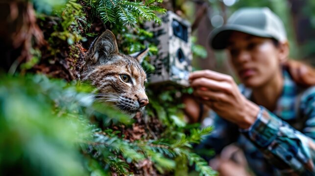 Ecologist mounting a camera trap for wildlife monitoring in spring