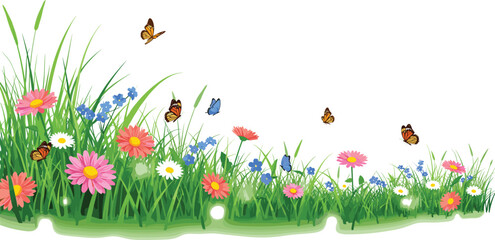 Naklejka premium Spring meadow border vector illustration featuring colorful wildflowers, grass and butterflies in bright natural landscape design