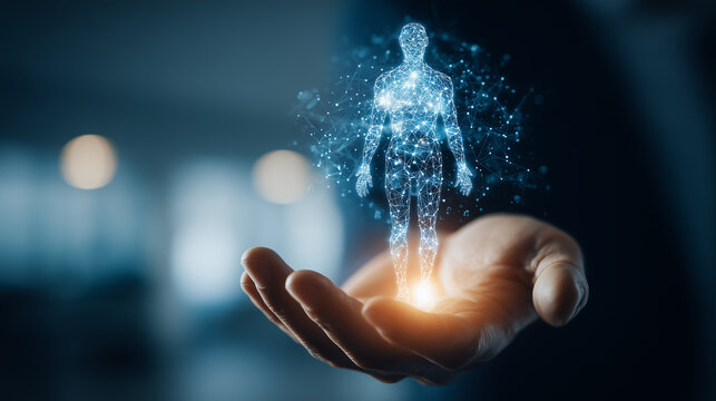 Digital human figure held above a hand representing healthcare technology, human data analysis, and personalized medical care.

