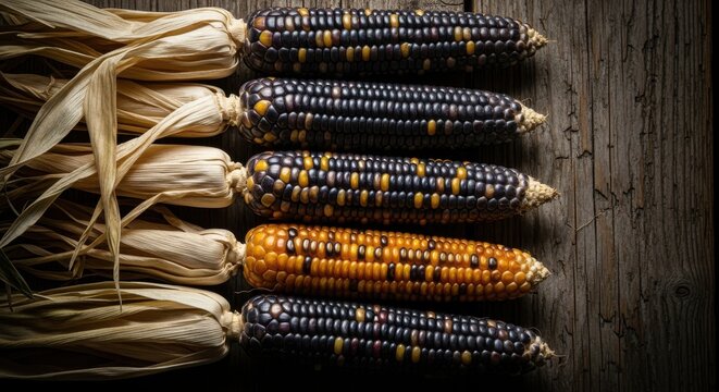 Several ears of dried flint corn are arranged horizontally on a rustic wooden table.