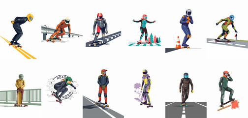 Collection of vector illustrations featuring downhill longboarders in full protective gear and helmets racing on various road backgrounds. © ValentinaRestrepo
