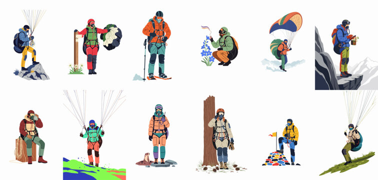 Vector set of paragliders and mountaineers in various outdoor settings, featuring characters with specialized gear for extreme mountain sports and adventure activities.