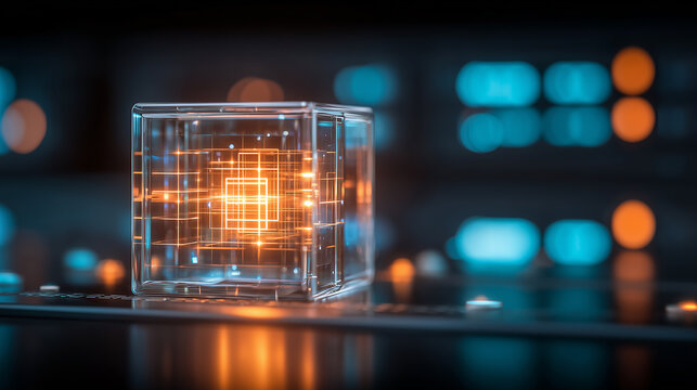A transparent cube with a glowing circuit core, representing quantum computing, advanced processors, and future technology innovation.
