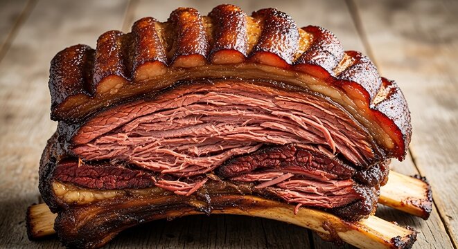 A magnificent stack of smoked beef ribs showcases layers of tender meat and bone. Brazilian churrasco or brazilian bbq as known as brazililan barbecue
