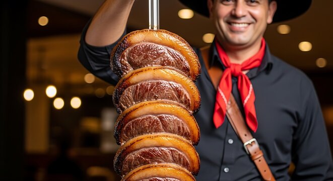 A smiling churrasqueiro presents a skewer of perfectly grilled picanha in a restaurant setting. Brazilian churrasco or brazilian bbq as known as brazililan barbecue