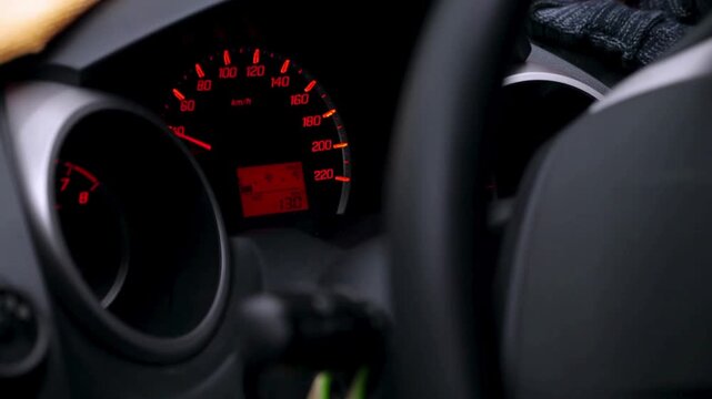car dashboard and steering wheel. Closeup shot of a black steering wheel of the car. Closeup of person hands on steering wheel driving car. driving a vehicle, commuting from work