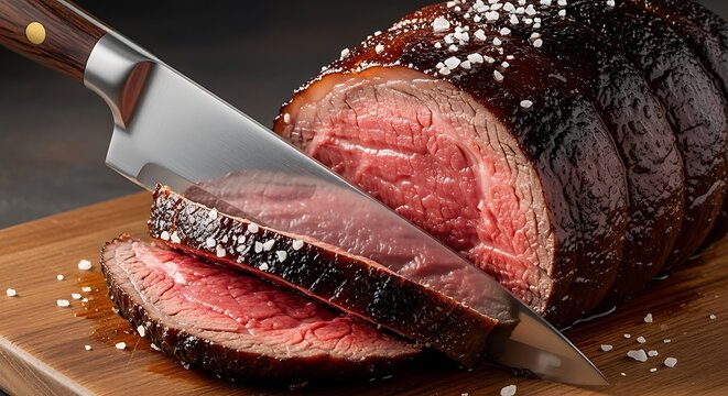 A skilled hand slices a perfectly roasted beef joint on a wooden board with salt. Brazilian churrasco or brazilian bbq as known as brazililan barbecue
