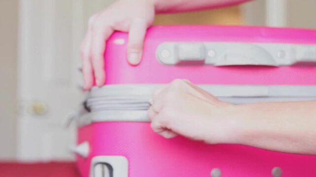 Youngwoman quickly packing travel suitcase and running in living room at home interior and extra clothes scattered all around the place