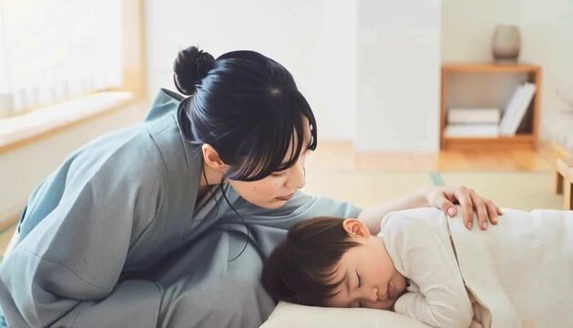 布団で眠る子供を心配そうに見守る着物姿の母親