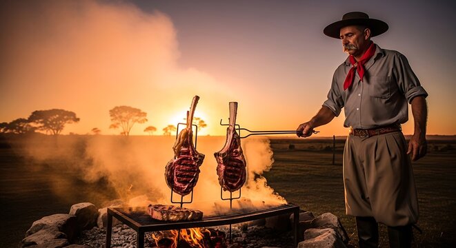 A gaucho carefully grills large cuts of meat over an open fire at sunset. Brazilian churrasco or brazilian bbq as known as brazililan barbecue