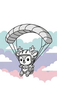A cartoon-style illustration of a deer-like character with antlers wearing a parachute harness, falling through a colorful sky with clouds