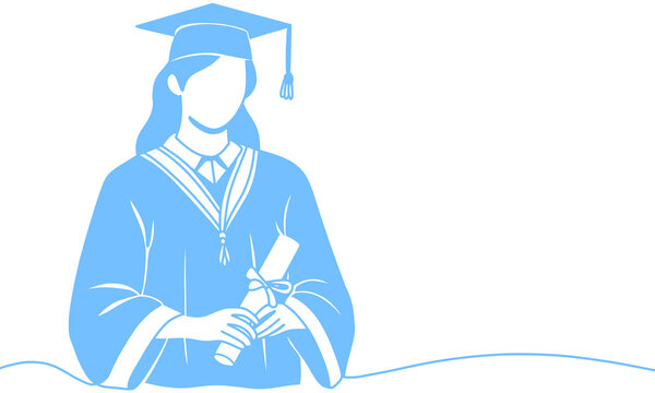 A Graduating Student Holding a Diploma Certificate, Line Illustration with a Blue Silhouette