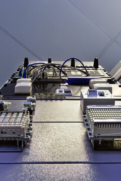 Telecommunications Distribution Rack with Connection Modules and Network Cabling