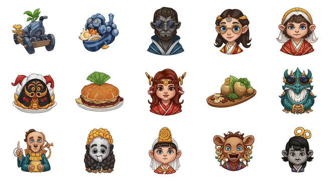 Cartoon characters and food items.