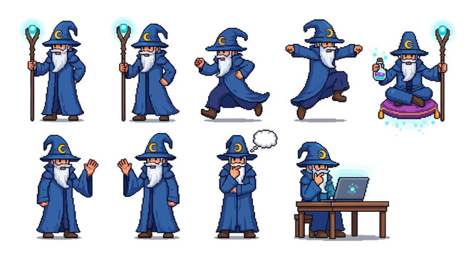 Pixel Art Wizard Character Set Diverse Poses.