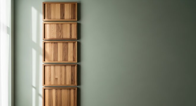 Vertically stacked wooden panels with natural grain texture against a muted green wall, showcasing organic material and minimalist design.