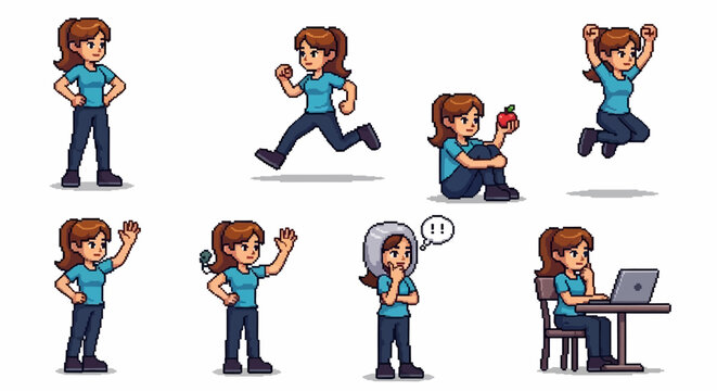 Pixel Art Character Collection Diverse Poses And Actions.