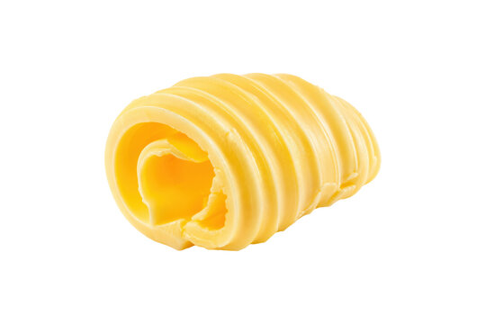 Smooth butter curl isolated on white background, creamy texture and glossy surface ideal for food concepts and culinary design