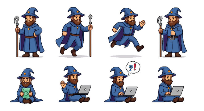 Pixel Art Wizard Character Set With Multiple Poses.