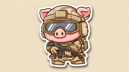 Naklejka premium Cartoon Pig Soldier in Camouflage Gear Holding a Rifle, Ready for Battle.