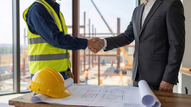 Two professionals, a construction worker and a businessman, shake hands over blueprints and a hard hat at a construction site, symbolizing a successful partnership.