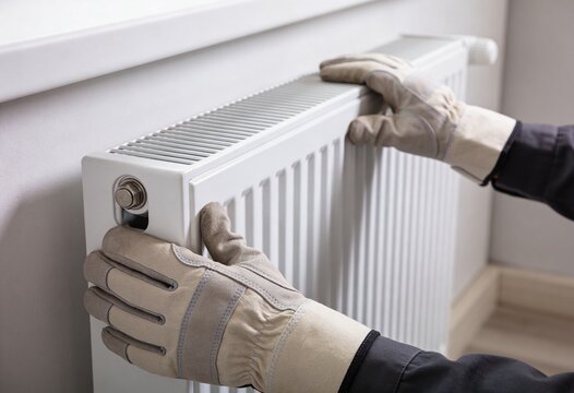 A person wearing work gloves is shown adjusting or maintaining a white heating radiator mounted on a wall.