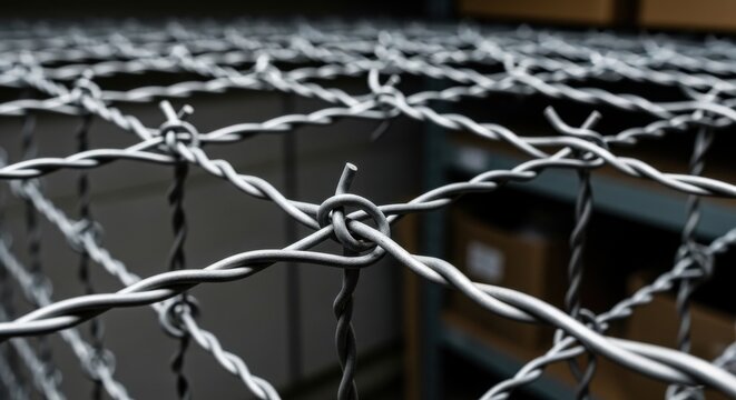 Close-up of tightly twisted barbed wire mesh forming a utilitarian security grid