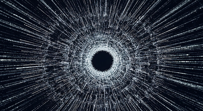Abstract digital vortex with glowing lines radiating from a dark center, representing data flow and technology