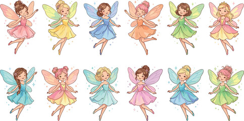 Naklejka premium Adorable Collection of Colorful Magical Garden Fairy Characters With Sparkling Wings for Children Nursery and Fantasy Illustration