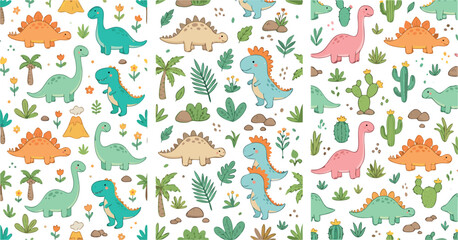 Adorable Collection of Seamless Dinosaur Patterns With Tropical Foliage Flowers and Volcanoes for Kids Designs © Afroja
