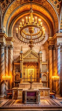 A photo of an ancient synagogues altar in Pecs, Hungary, featuring intricate carvings and a golden chandelier above it, set against a warmly lit, rus