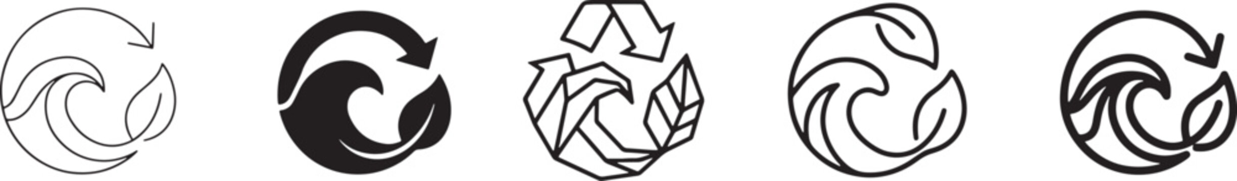 Set of eco friendly recycling symbols with ocean wave and leaf shapes in various graphic styles like thin line bold silhouette geometric outline and rounded strokes for design use Vector