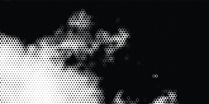 Fading hexagon gradient texture. Vanishing honeycomb pattern background. Geometric hexagonal halftone tech overlay backdrop. Black grunge halfton wallpaper. Vector retro dot texure wallpaper