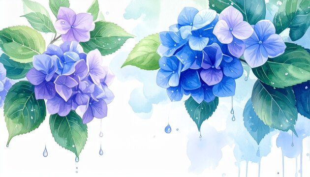 Watercolor illustration of japanese hydrangea flowers as border with blue and purple petals and water drops, hand painted floral banner art