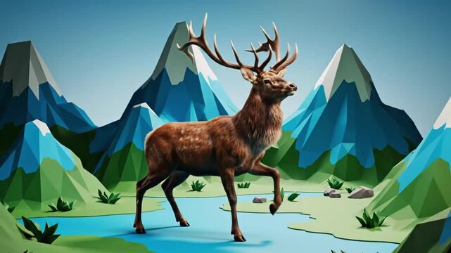 Deer dances in a colorful landscape with mountains and river in this realistic visual rendering using CG fur