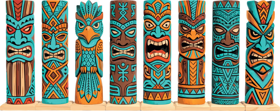 Colorful Collection of Hand Carved Wooden Tiki Masks and Totem Poles for Tropical Summer Party Decorations