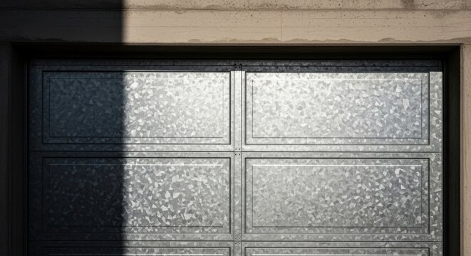 Close-up view of a heavy duty galvanized steel garage door with textured panels and shadows