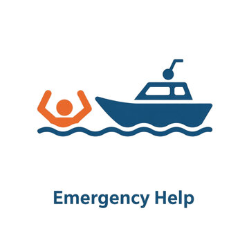 Emergency help icon with a person drowning in water and a rescue boat
