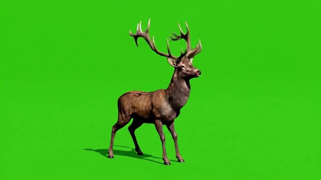 Deer dancing in a computer-generated animation with realistic fur in a green environment