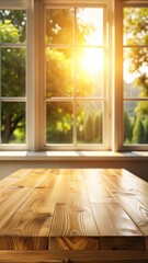 Fototapeta premium A photo of an empty light wood tabletop in front of a bright window, natural sunlight streaming through, creating a warm and inviting ambiance